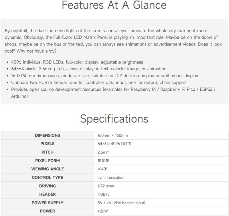 Waveshare RGB Full-Color LED Matrix Panel, 2.5mm Pitch, 64×64 Pixels, Adjustable Brightness, Compatible with Raspberry Pi 5/4B/3B/Zero/Zero W/Zero 2W/Pico/Pico W/Pico WH - Image 4
